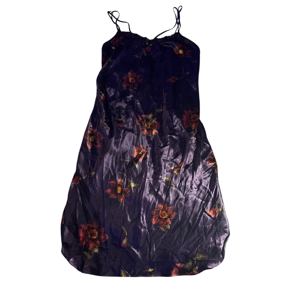 Delicates Women Purple Floral Satin Lace Trim Nightgown Slip Dress